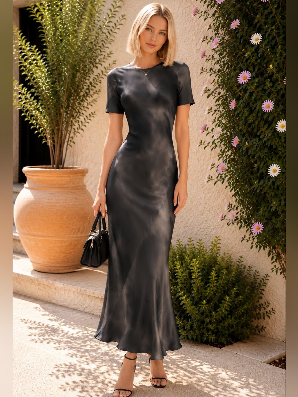 Silk Laundry Gray Black Short Sleeve Bias Dress XS Evening Midi Maxi Luxury